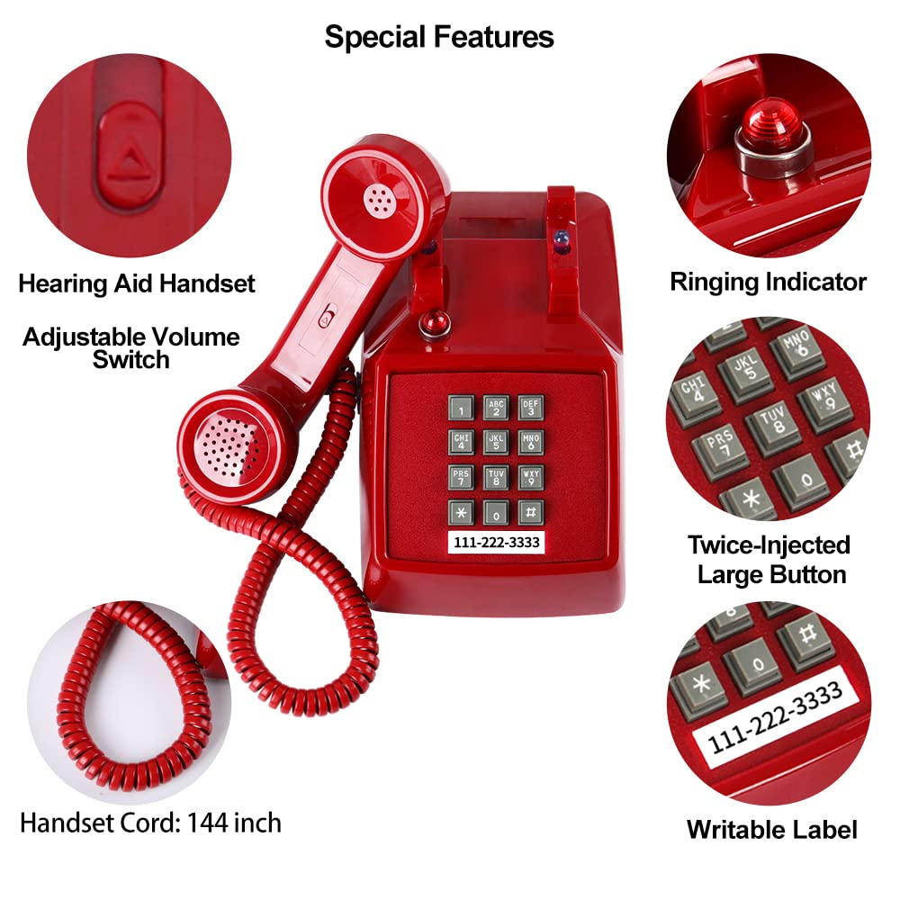 Traditional Red Landline Phone, Retro Corded Telephone Visible Ringing