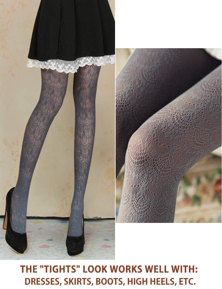 VERO MONTE 1 Pair Womens Patterned Lace Tights (Grey) Hollow Out Knit Stockings