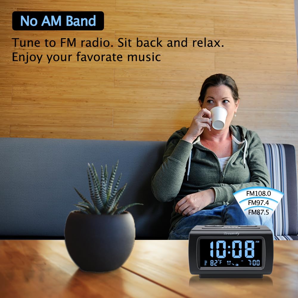 DreamSky Alarm Clock Radio Bedroom Battery Backup Large Display USB FM Snooze