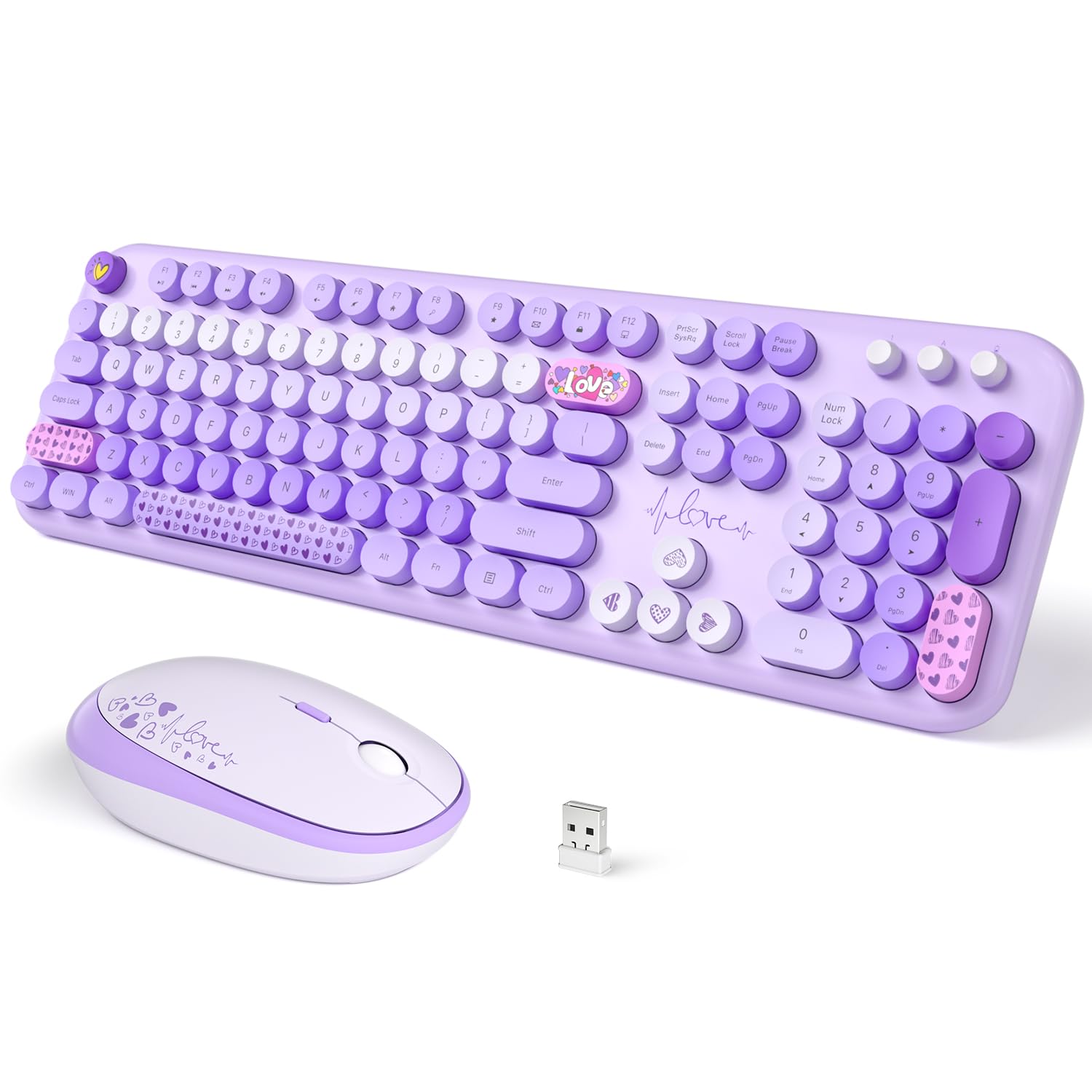 Wireless Keyboard and Mouse, SQMD Colorful Typewriter Retro Keyboard with Round