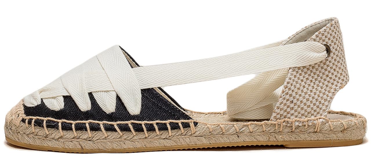 U-lite Women's Espadrille FLat Sandals Closed Toe Ankle Wrap,Classic Lace Up