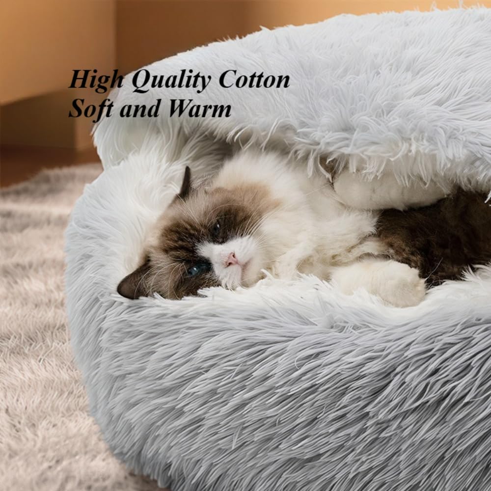 Hooded Cat Bed Cave Round Donut 19.69 inch Plush Anti-Anxiety Calming Dog Bed