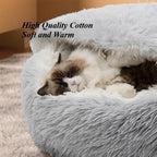 Hooded Cat Bed Cave Round Donut 19.69 inch Plush Anti-Anxiety Calming Dog Bed