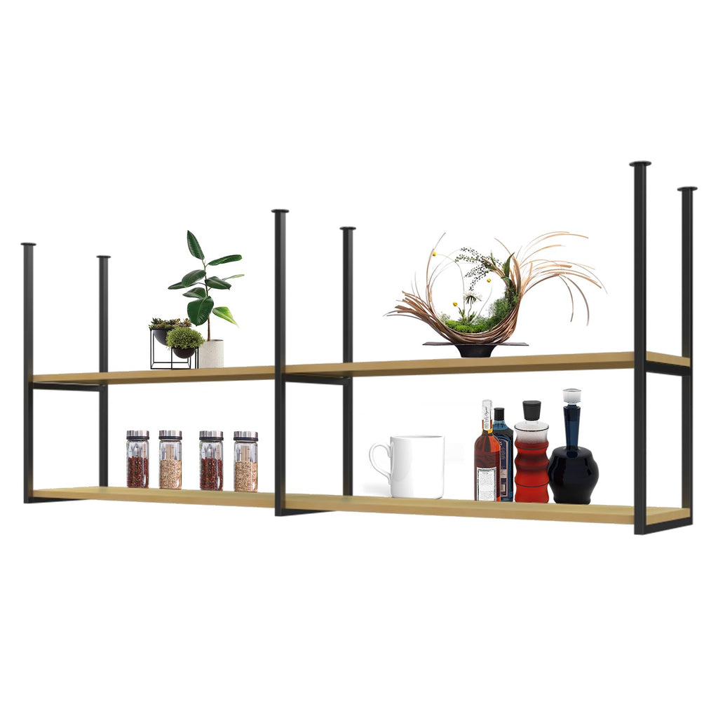47.2" Industrial Ceiling Hanging Shelf 2 Layer Wine Rack Kitchen Wood Mount