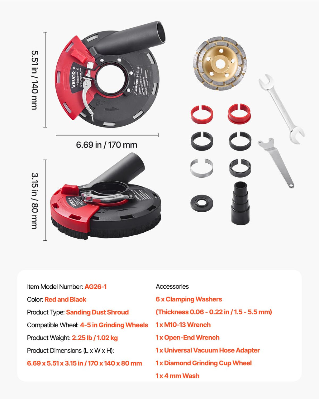 VEVOR Grinding Dust Shroud for Angle Grinder, Universal 4-5 in, Surface Grinder