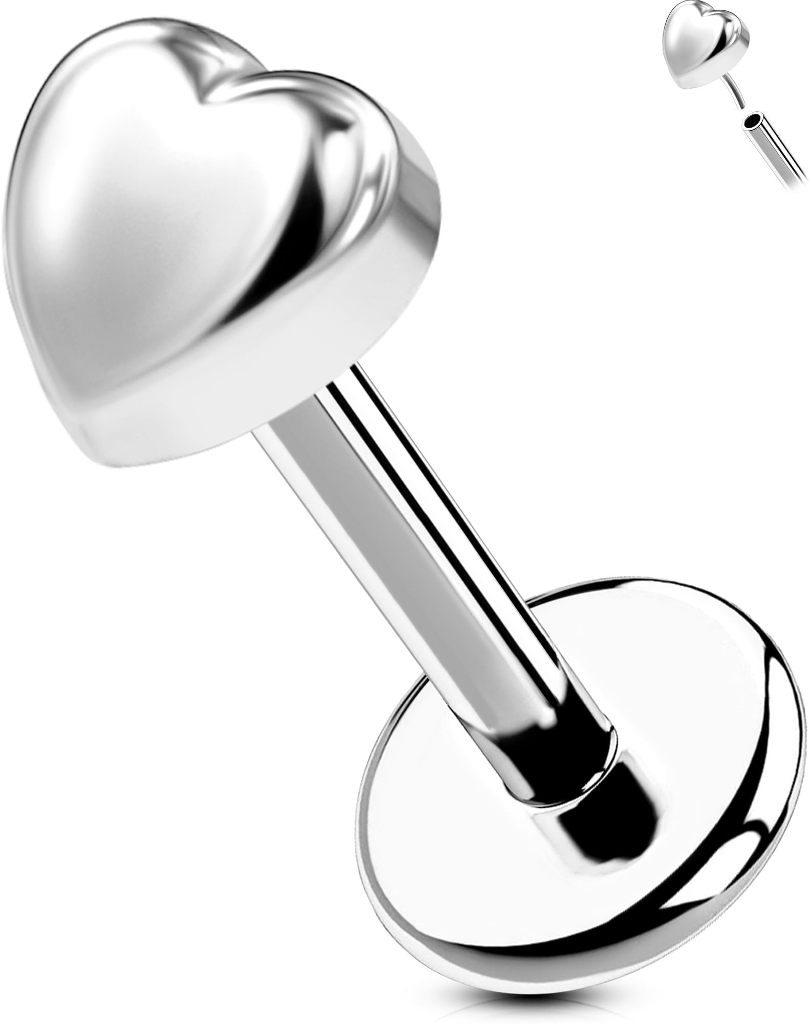 OUFER 18G 6mm G23 Titanium Heart Stud, Flat Back Threadless Silver Jewelry for