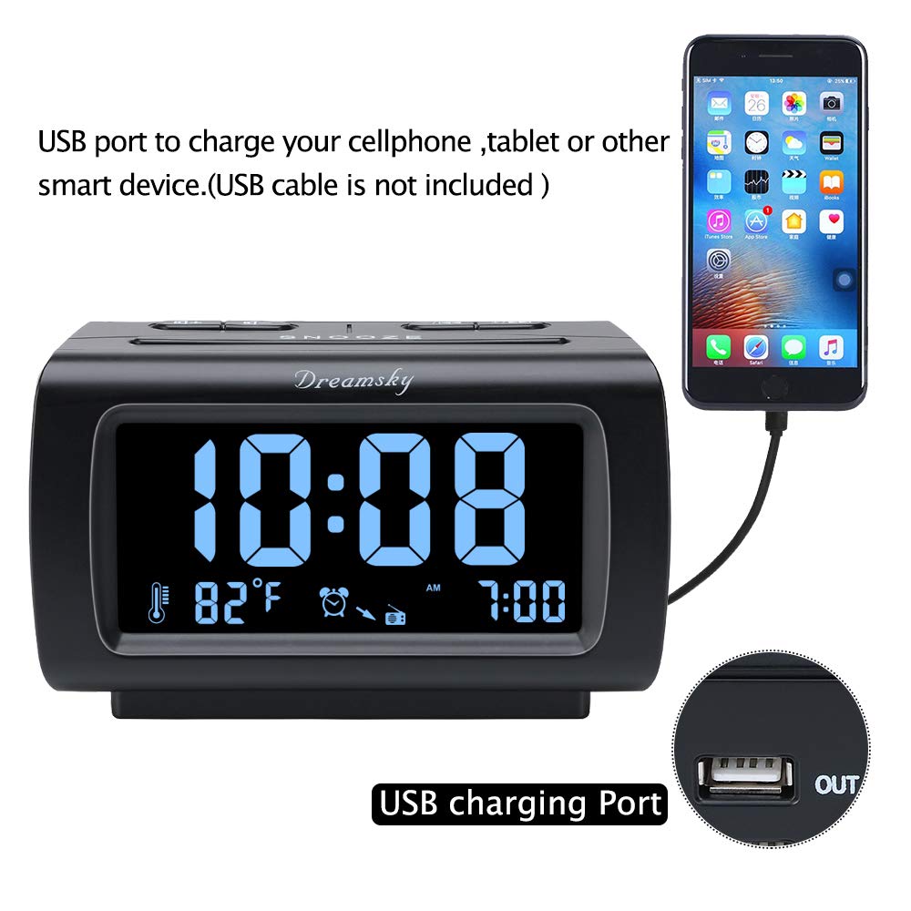 DreamSky Alarm Clock Radio Bedroom Battery Backup Large Display USB FM Snooze