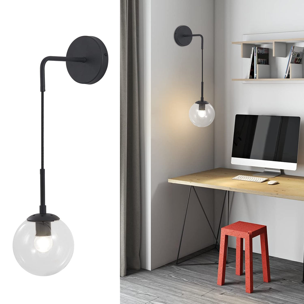 BOKT Mid Century Modern Black Wall Sconce Light Clear Glass Globe Ball Wall