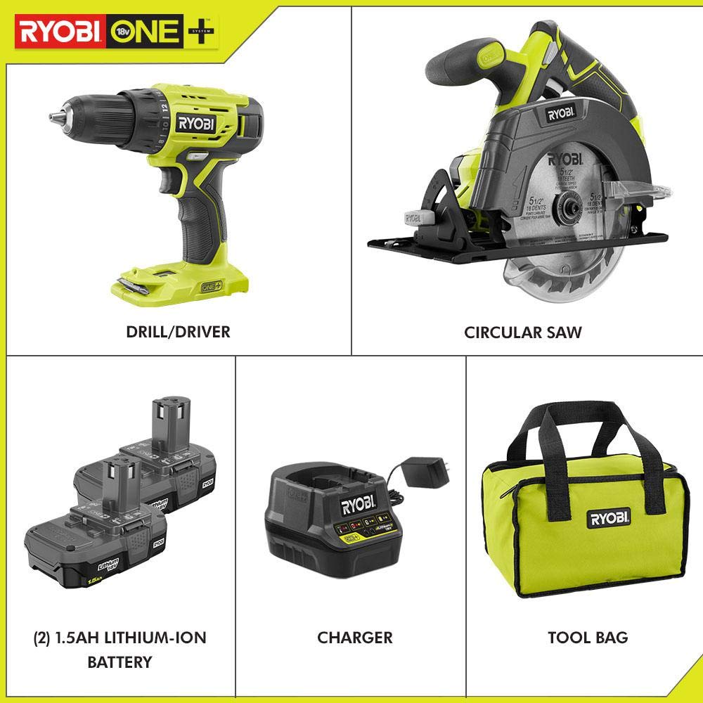 Ryobi P1816 18V Drill and Circular Saw Starter Kit with Two 1.5Ah Batteries and