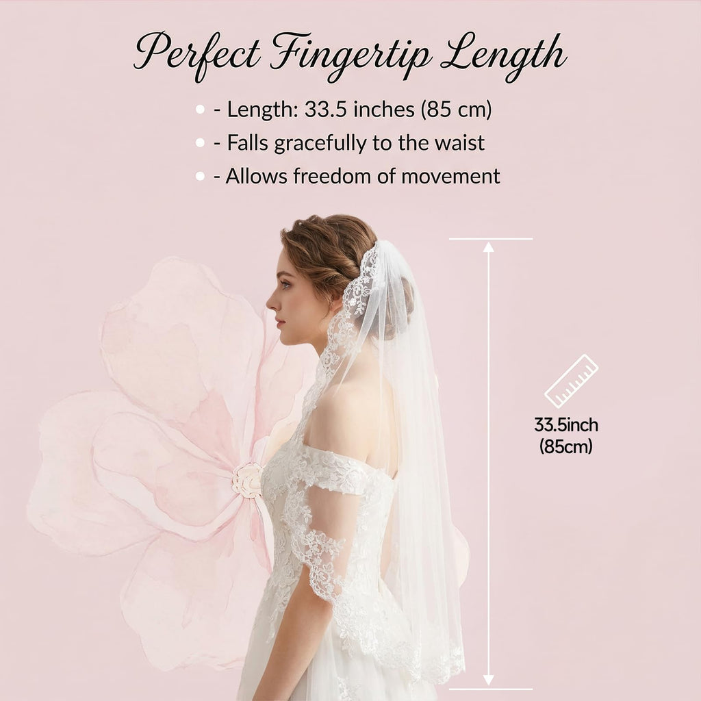 Josojoou White Wedding Bridal Veil, (Comb not included) 1 Tier Floral Edge
