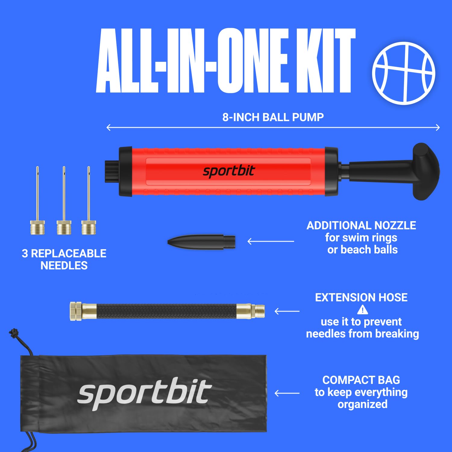 SPORTBIT Ballpump for Sports Balls - Basketball Pump for Sport Balls - Football