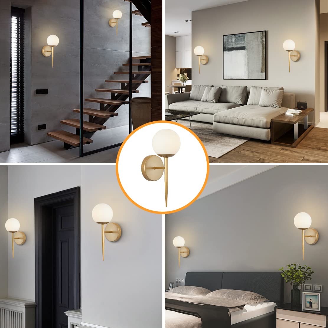 BOKT Set of 2 Brass Globe Wall Sconces White Glass Bathroom Bedroom Lights