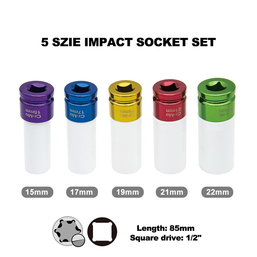SEGELPRO 5 pcs 1/2 Inch Impact Drive Lug Nut Socket Set Non-Marring Protective Wheel Lug Nut Impact Socket Set Color-Coded Extra Thin Wall Wheel Rim Protectors Tool 15 17 19 21 22 mm Sockets