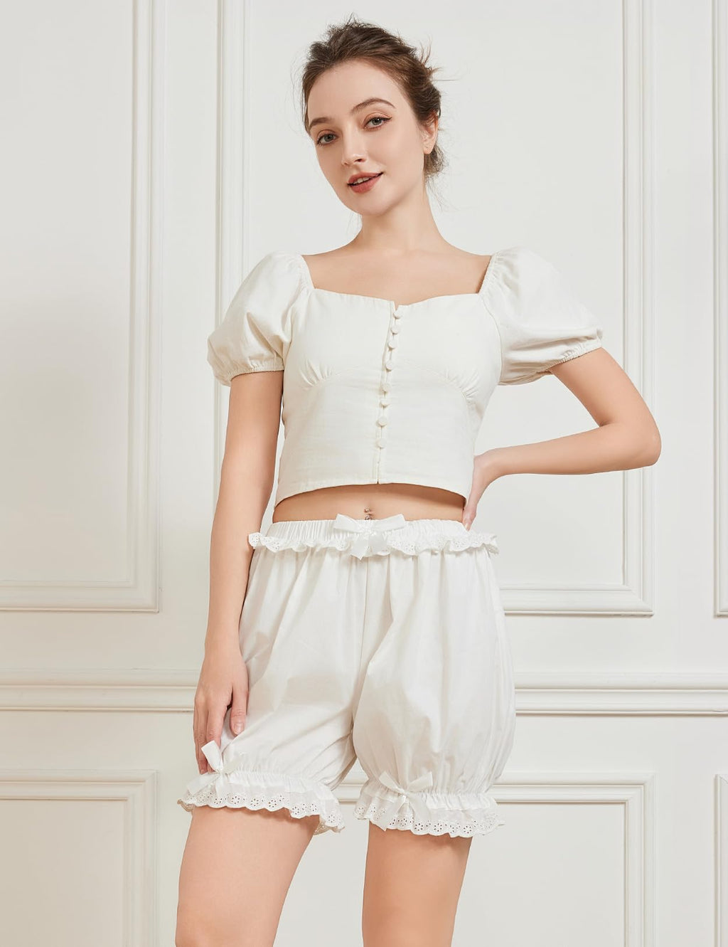 BEAUZSUZSANA Women Lolita Shorts Cotton Victorian Bloomers Pumpkin Lace
