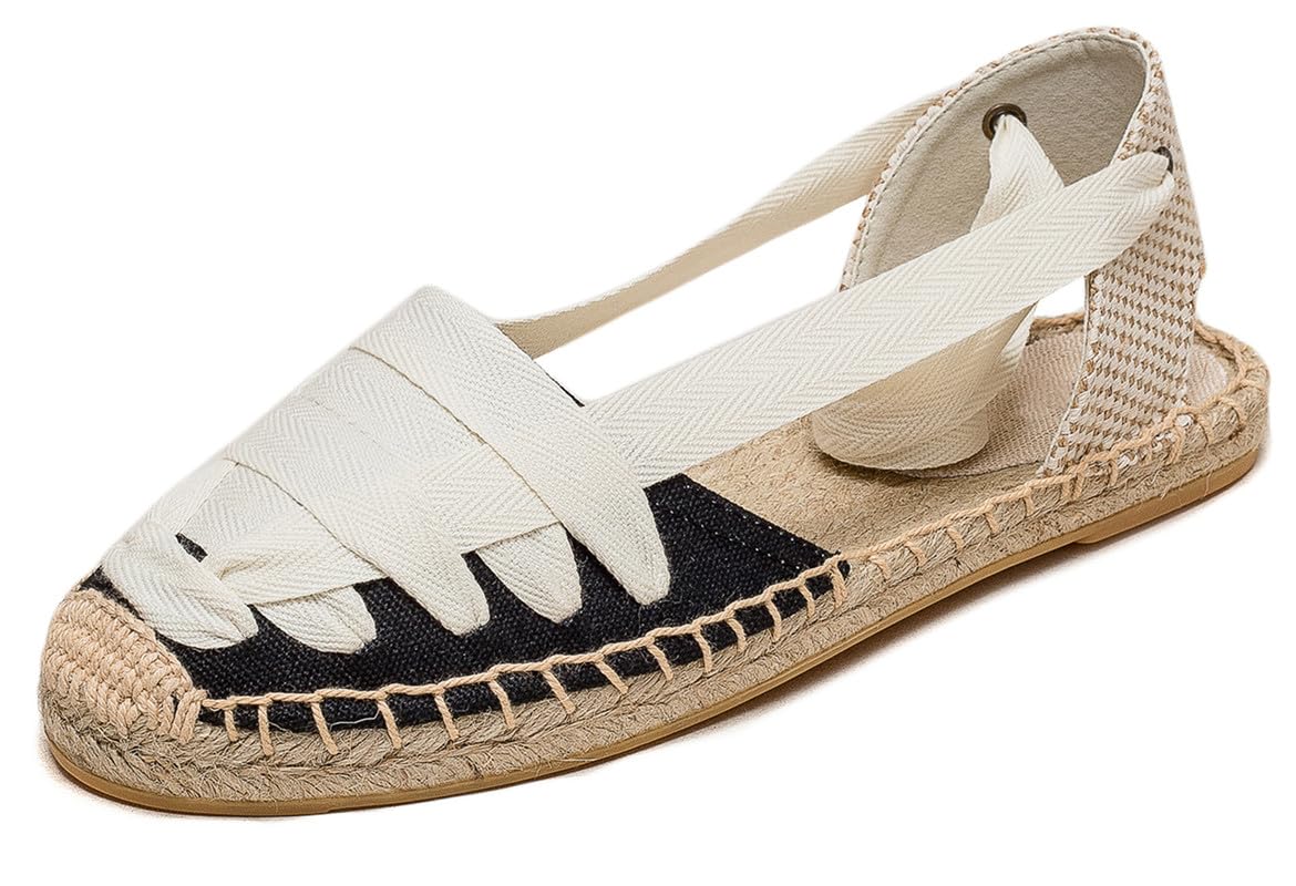U-lite Women's Espadrille FLat Sandals Closed Toe Ankle Wrap,Classic Lace Up