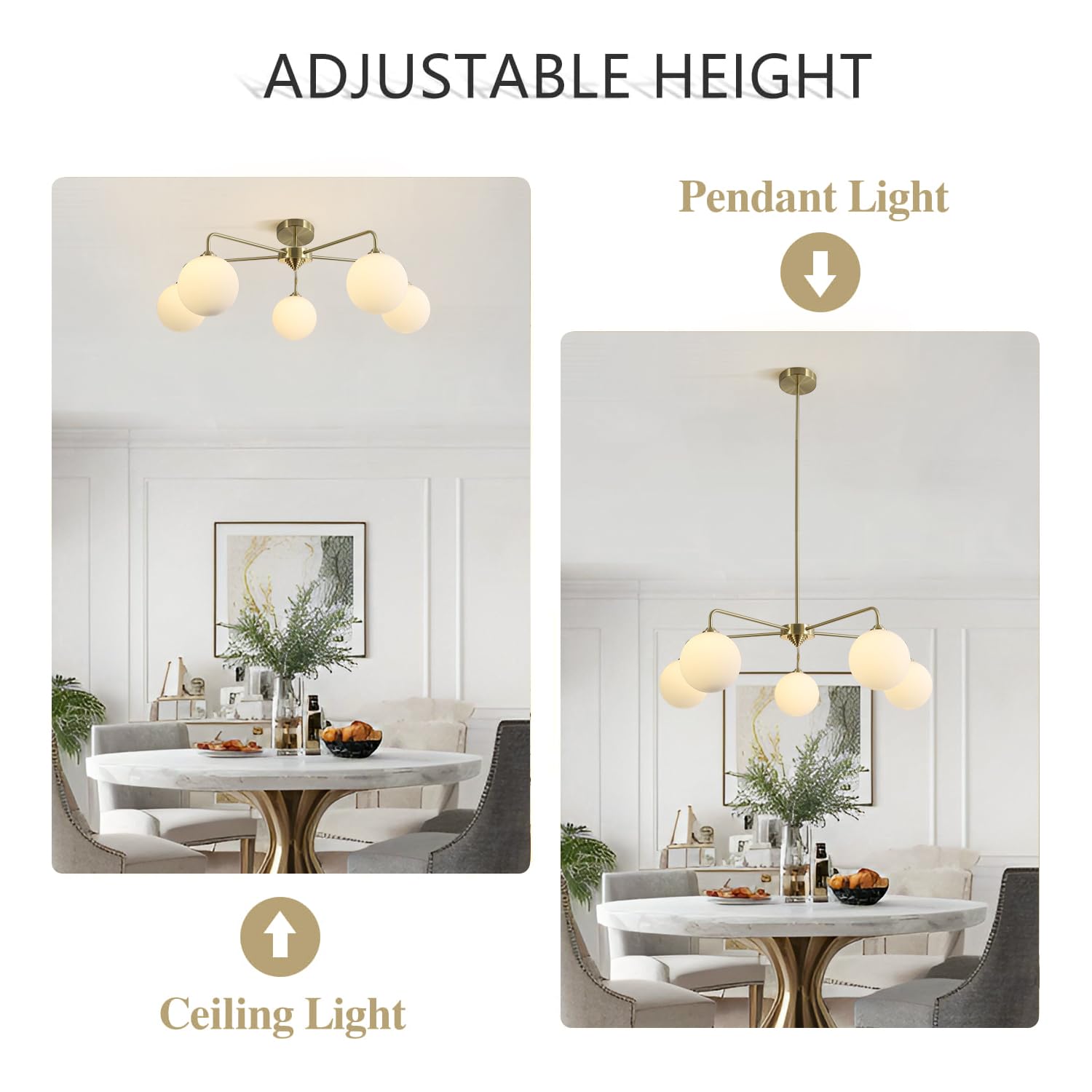 Flyrose Modern Gold and White Chandelier Light Fixture Vintage Brass Globe