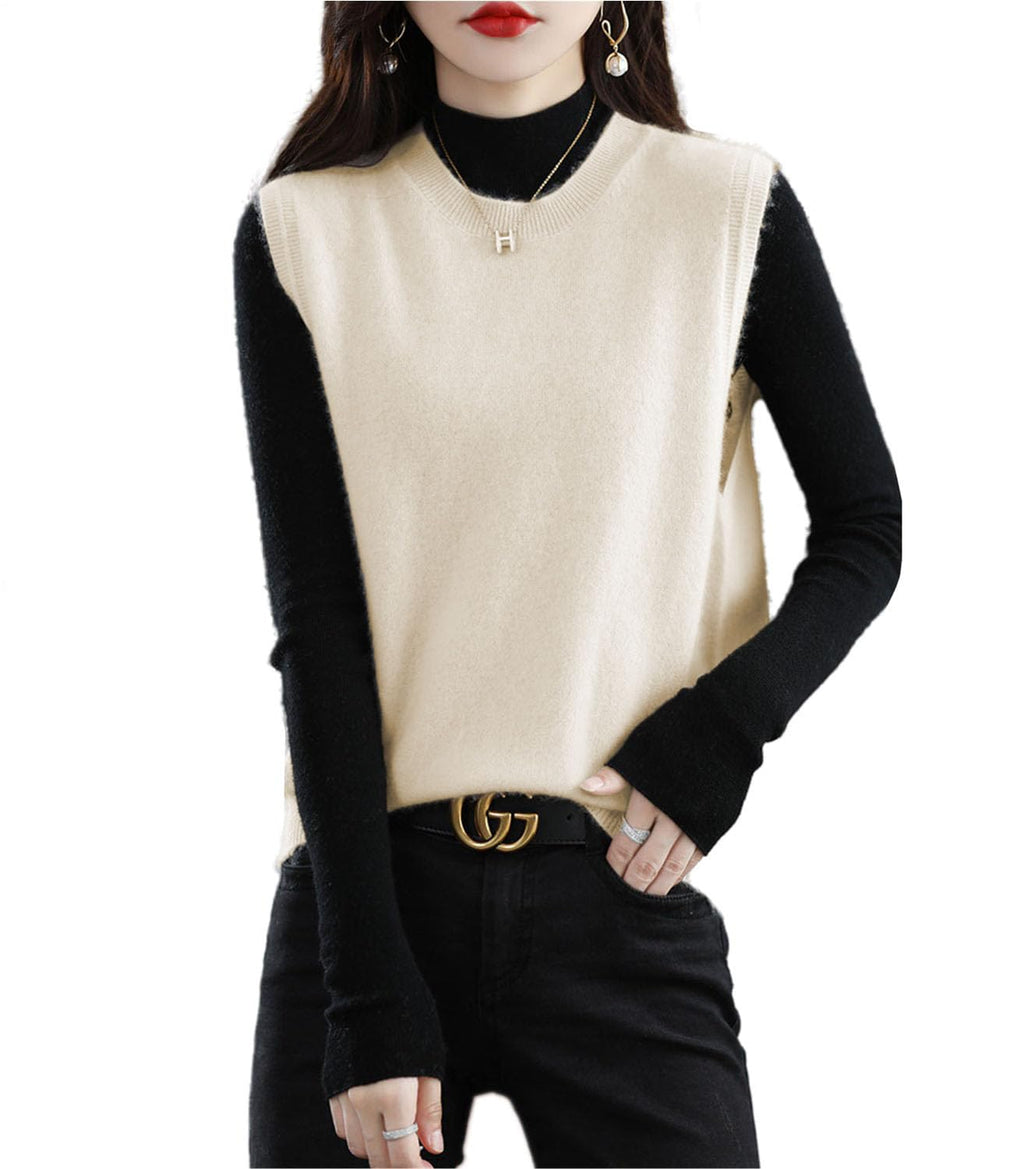 Ailaile Knitted O-Neck Vest Women's Sweater 100% Merino Wool Sleeveless Pullover