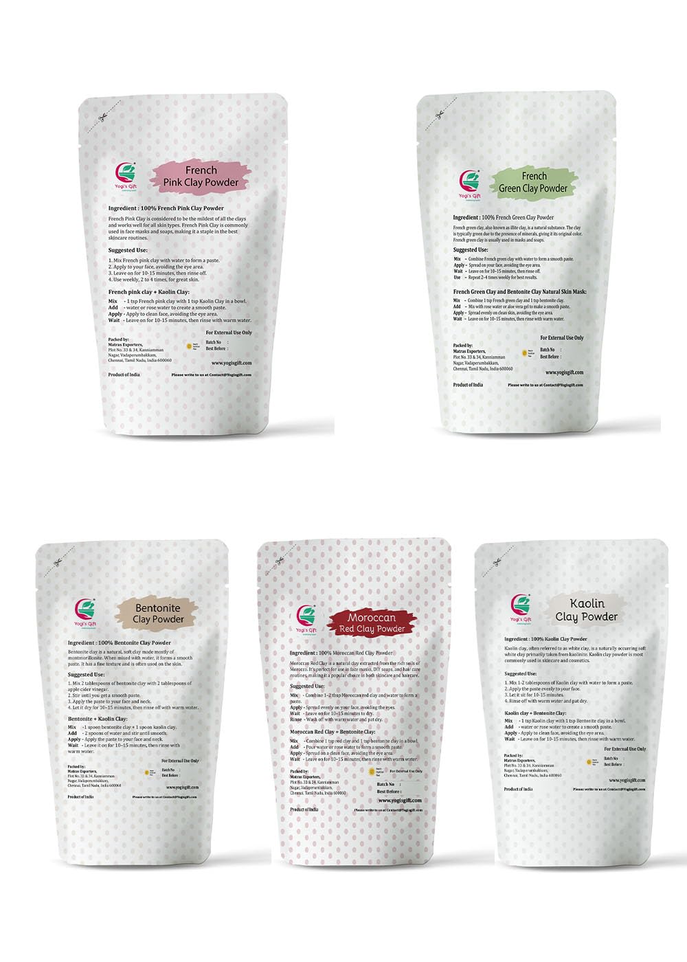 Pack of 5 Clays For Mask Making & Soap Making | Rose Clay, French Green Clay,