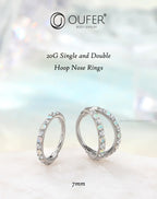 OUFER 2PCS Opal Nose Rings Hoops, 20G 7MM Single and Double Hoop Nose Rings for