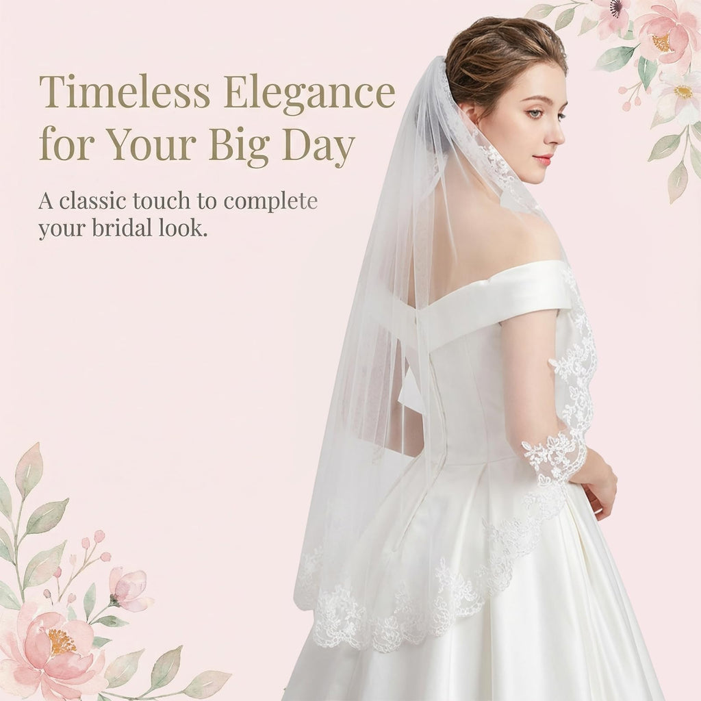 Josojoou White Wedding Bridal Veil, (Comb not included) 1 Tier Floral Edge
