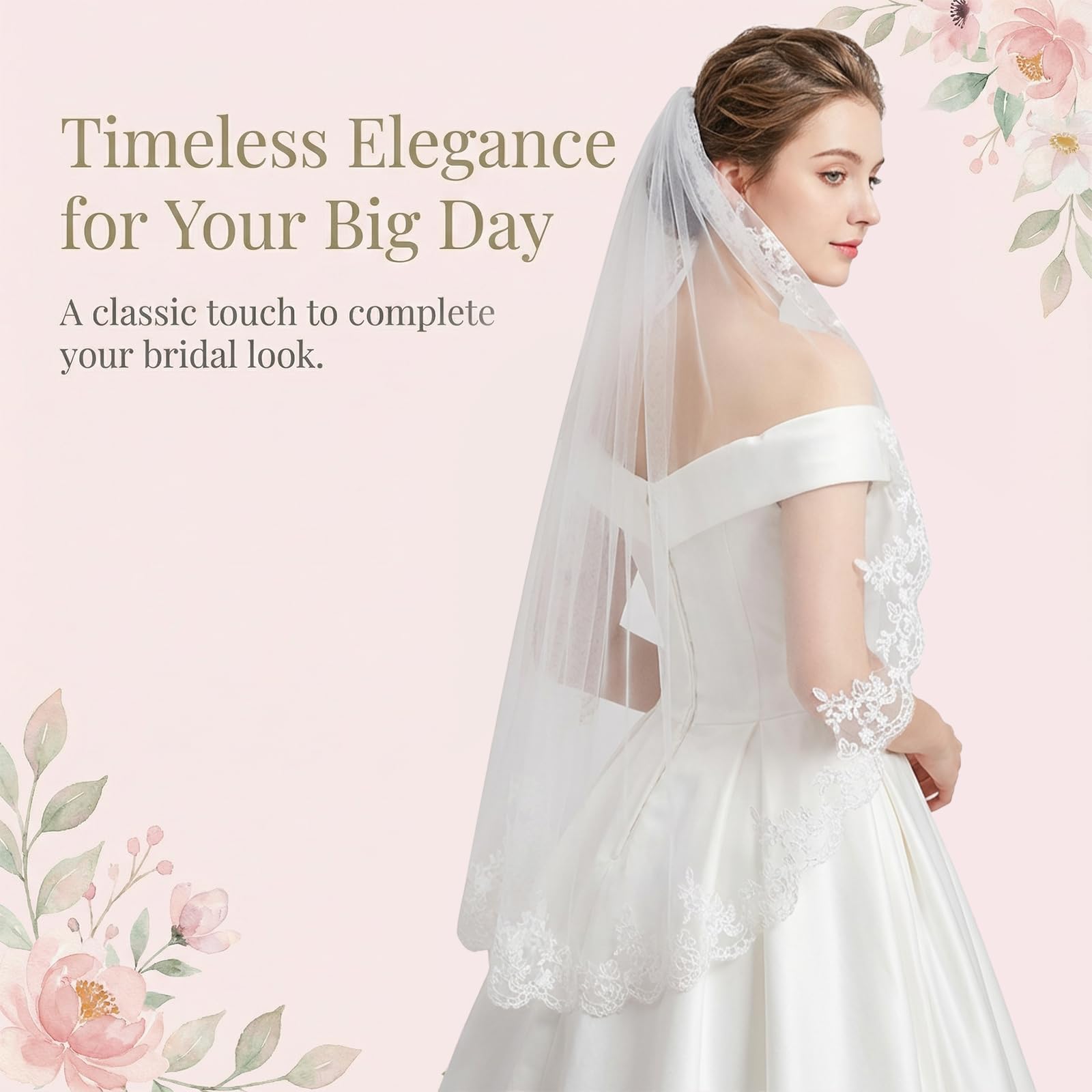 Josojoou White Wedding Bridal Veil, (Comb not included) 1 Tier Floral Edge