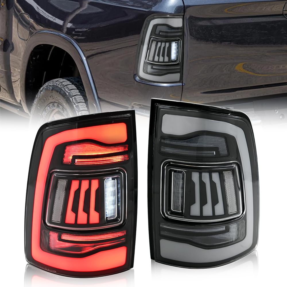 Tail Lights for 2009-2018 Ram 1500/2500/3500 & Classic with Startup Animation Sequential Turn Signal Optimize Upgrade Options (SMOKE-WHITE)