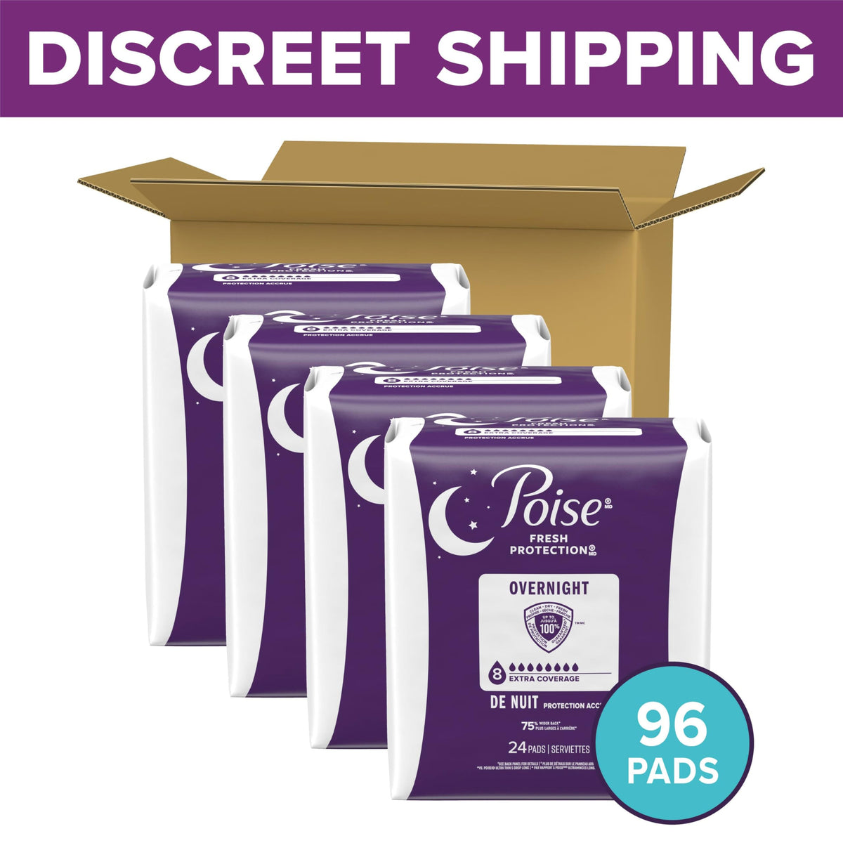 Poise Overnight Incontinence Pads for Women, 8 Drop, 96 ct