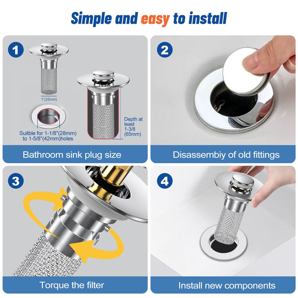 Vakabiu 2024 New Pop Up Bathroom Sink Drain Strainer Hair Catcher, Sink Drain