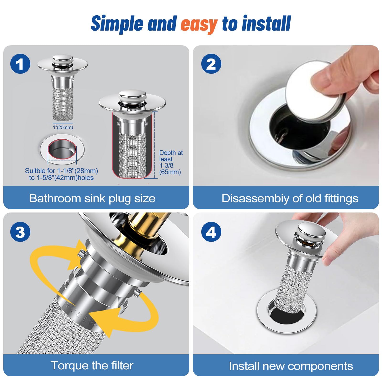 Vakabiu 2024 New Pop Up Bathroom Sink Drain Strainer Hair Catcher, Sink Drain