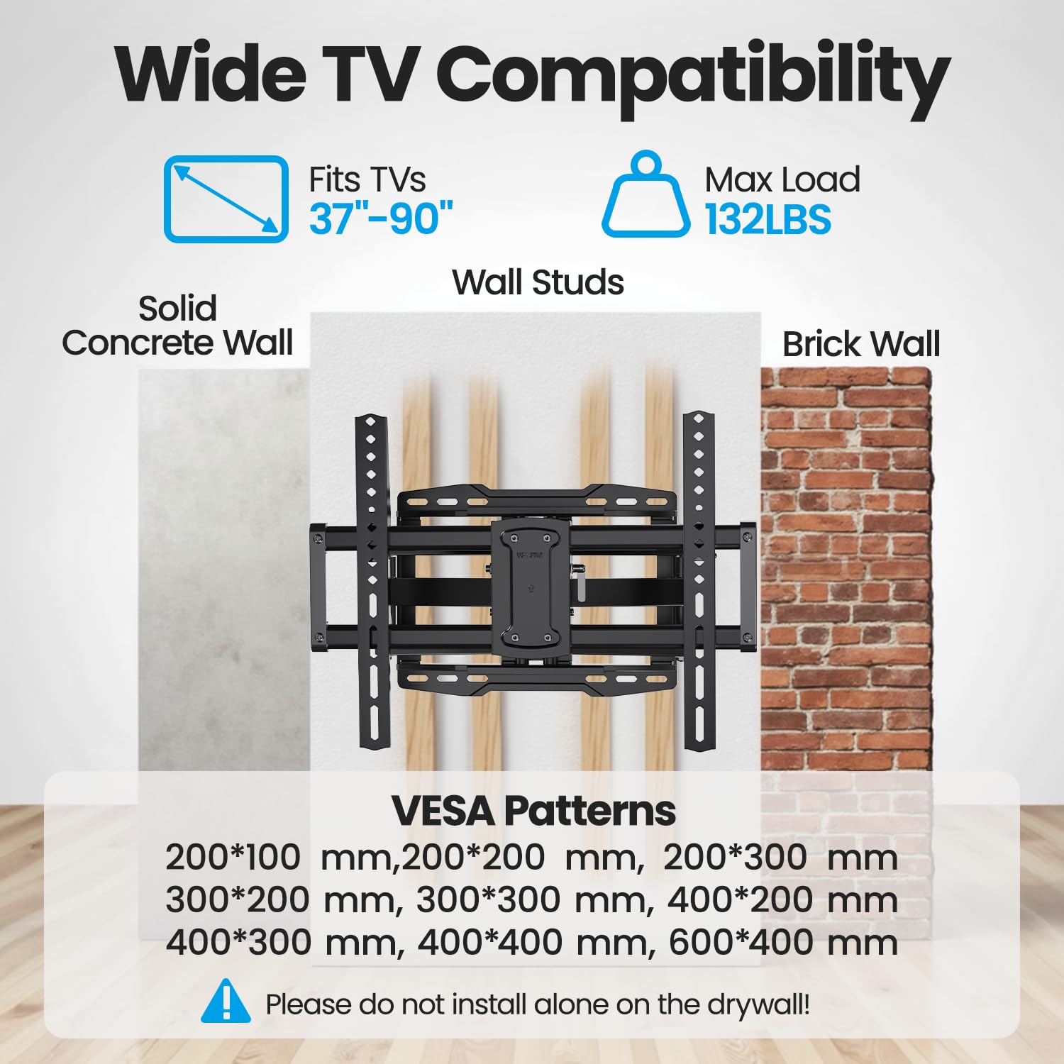 USX STAR Full Motion TV Wall Mount 37–90" UL Listed VESA 600x400 132lbs Swivel