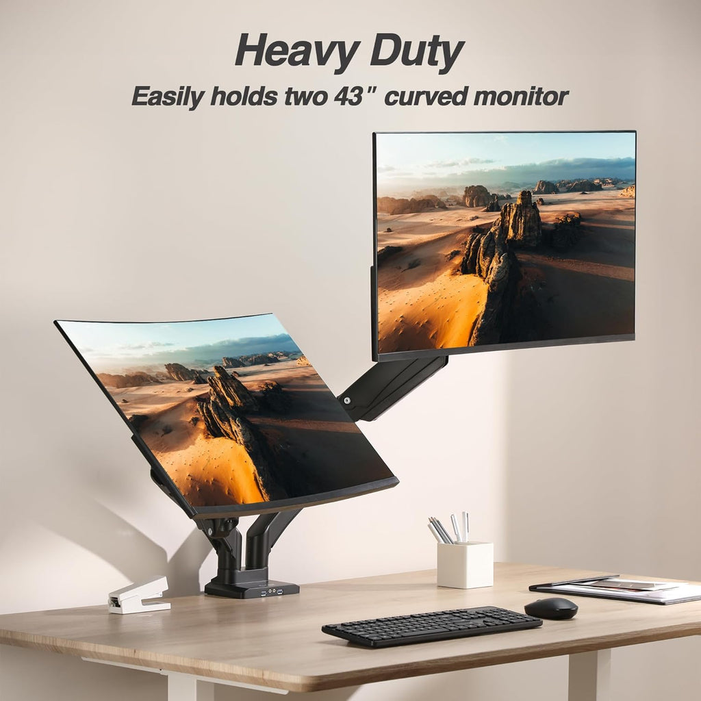 AVLT Dual Monitor Arm Desk Mount 13-43in Full Motion VESA USB Pass Through Black