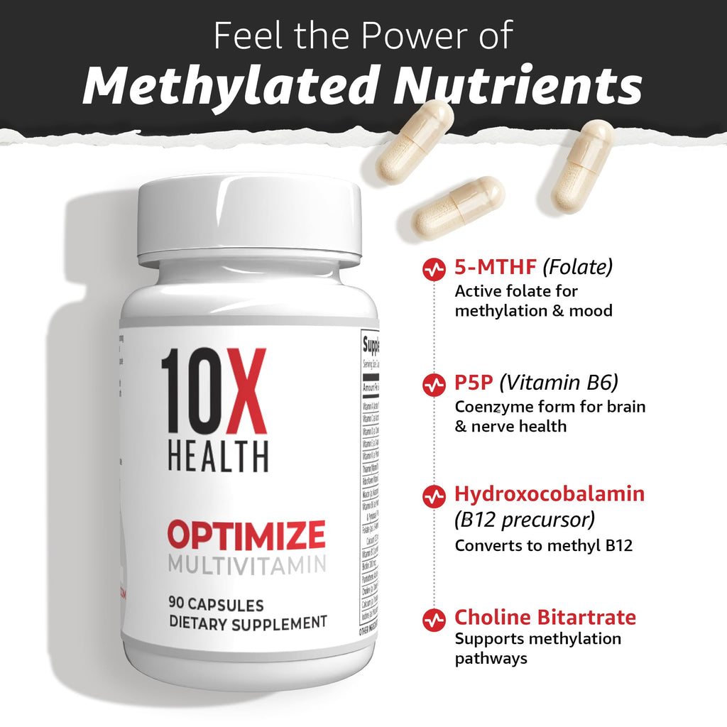 10X Health Optimize Methylated Multivitamin for Men and Women - 90 Capsules, 34 in 1 Formula with 800 mcg of Vitamin B12, 5-MTHF, NAC - Methyl B Complex