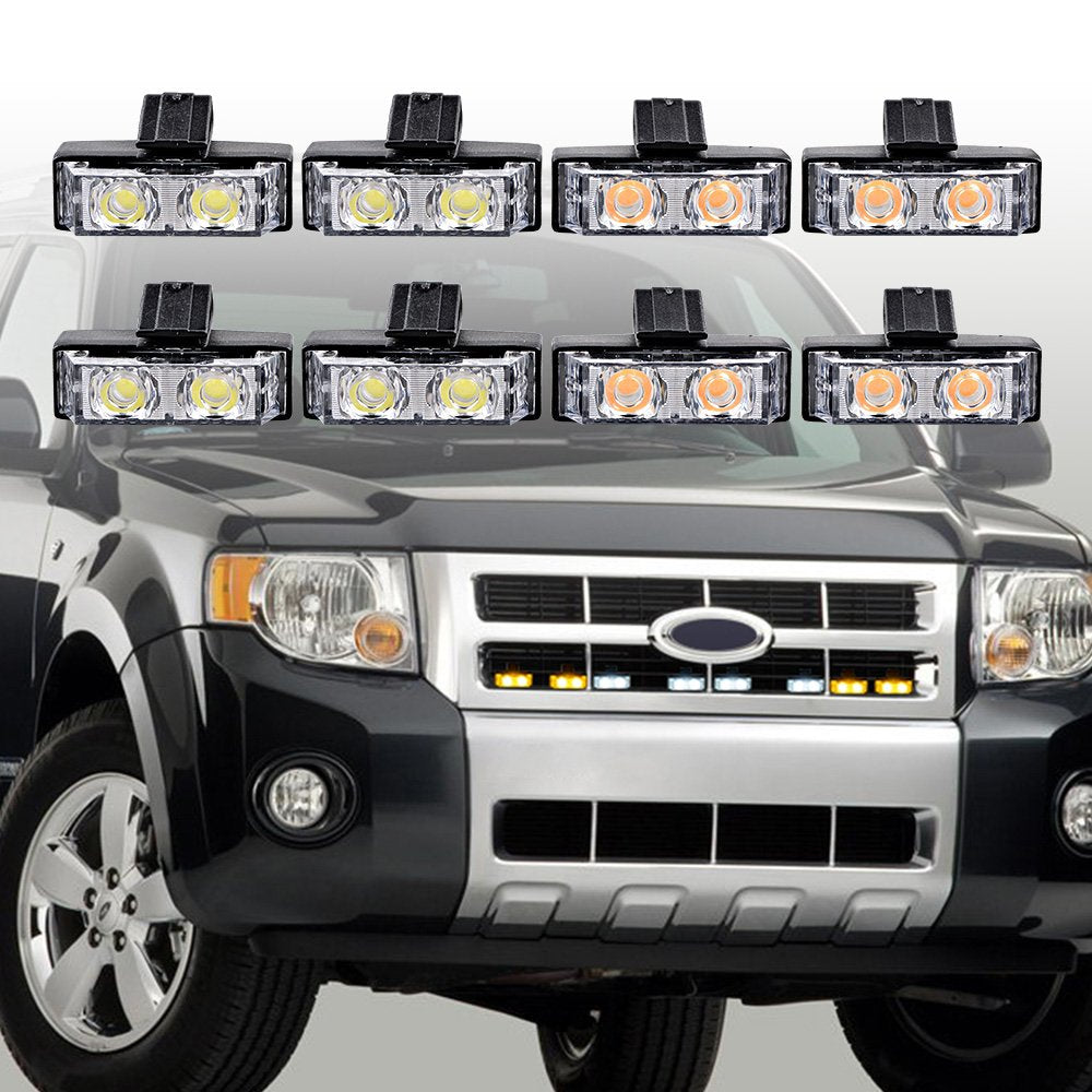 NAAMOTOMOX 2-LED Emergency Warning Grille Flash Strobe Lights Bar with Clips + Control Box Kit (Amber White, 8 pcs)