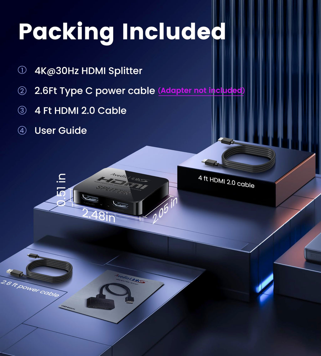 avedio links HDMI Splitter 1 in 2 Out [w/ 4 Ft Hdmi Cable]Not for Extended