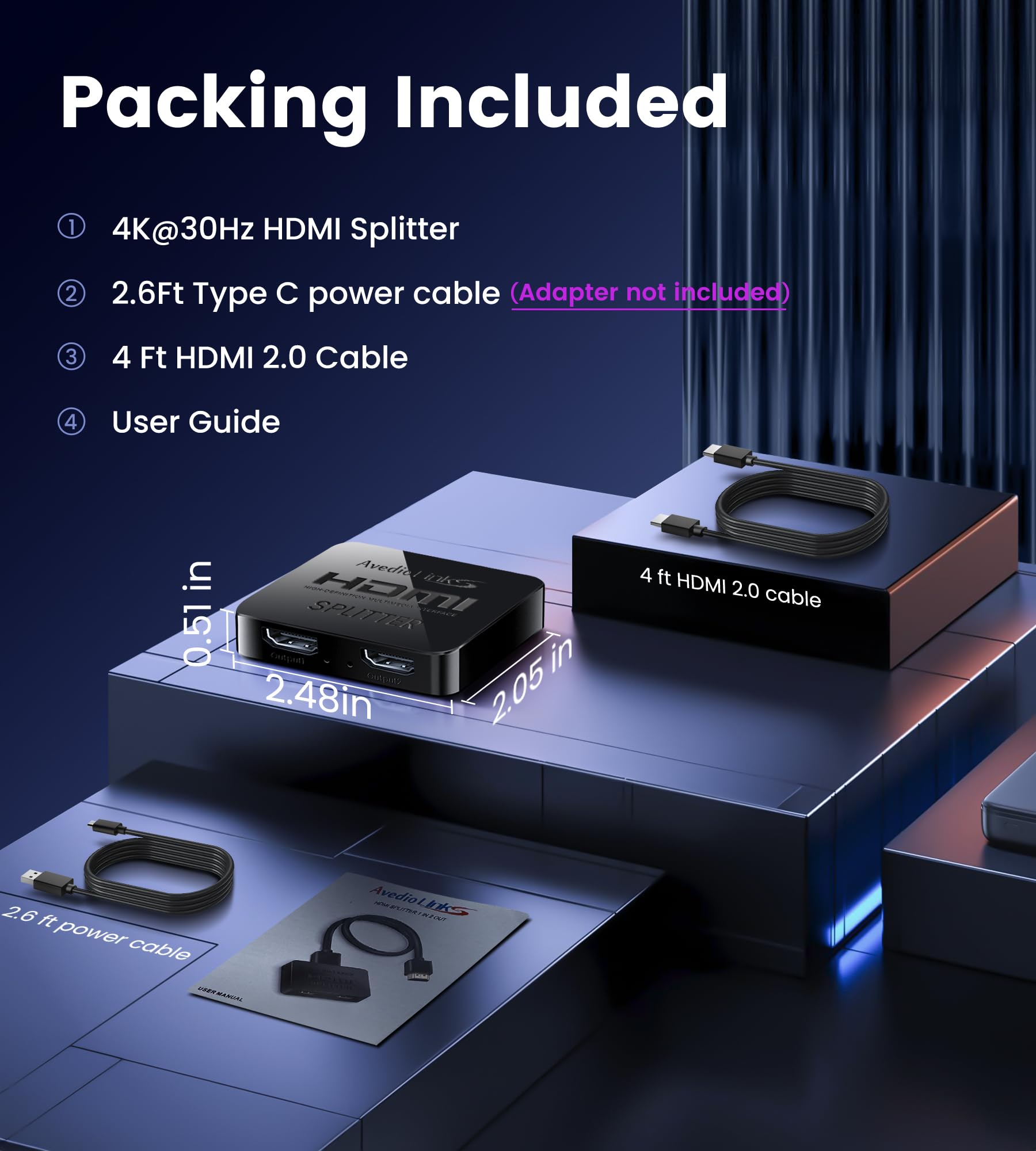 avedio links HDMI Splitter 1 in 2 Out [w/ 4 Ft Hdmi Cable]Not for Extended