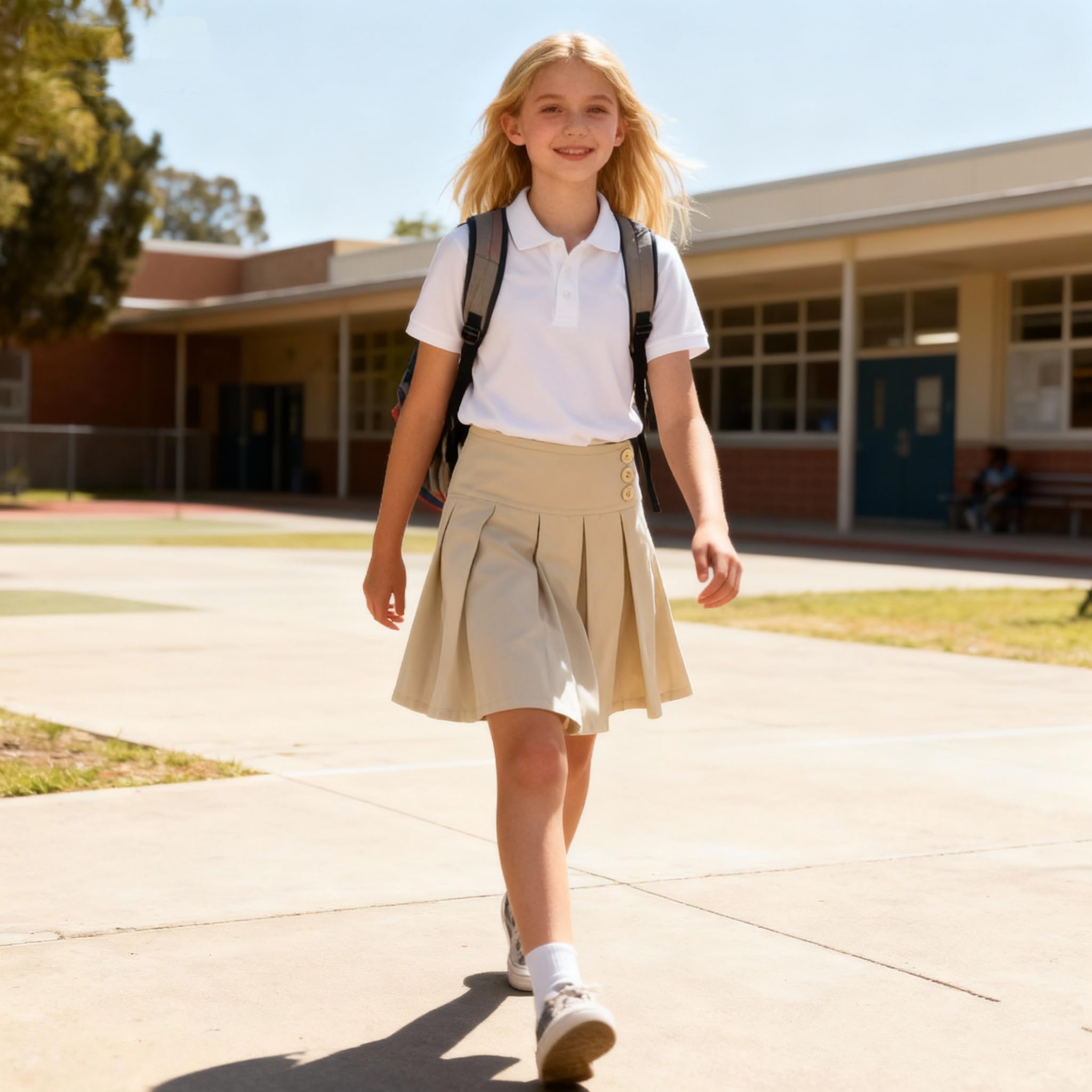 Bienzoe Girls School Uniform Skirt: Kids Adjustable Waist Stretchy Skort Khaki 8
