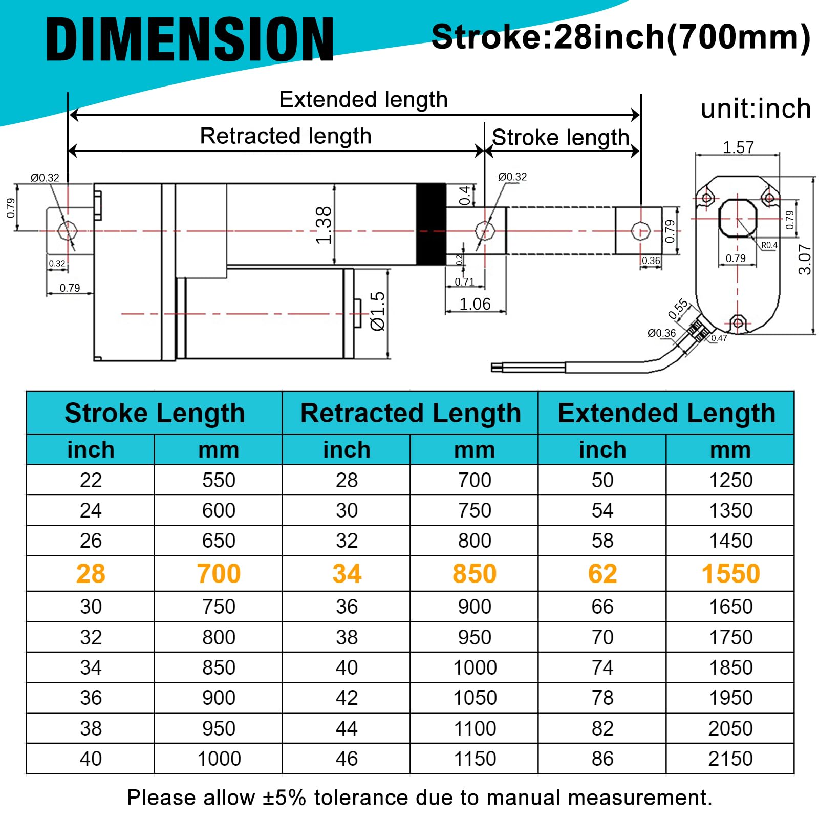JQDML 28 Inch High Speed 1.34"/sec Linear Actuator 12V 88lbs/400N IP65