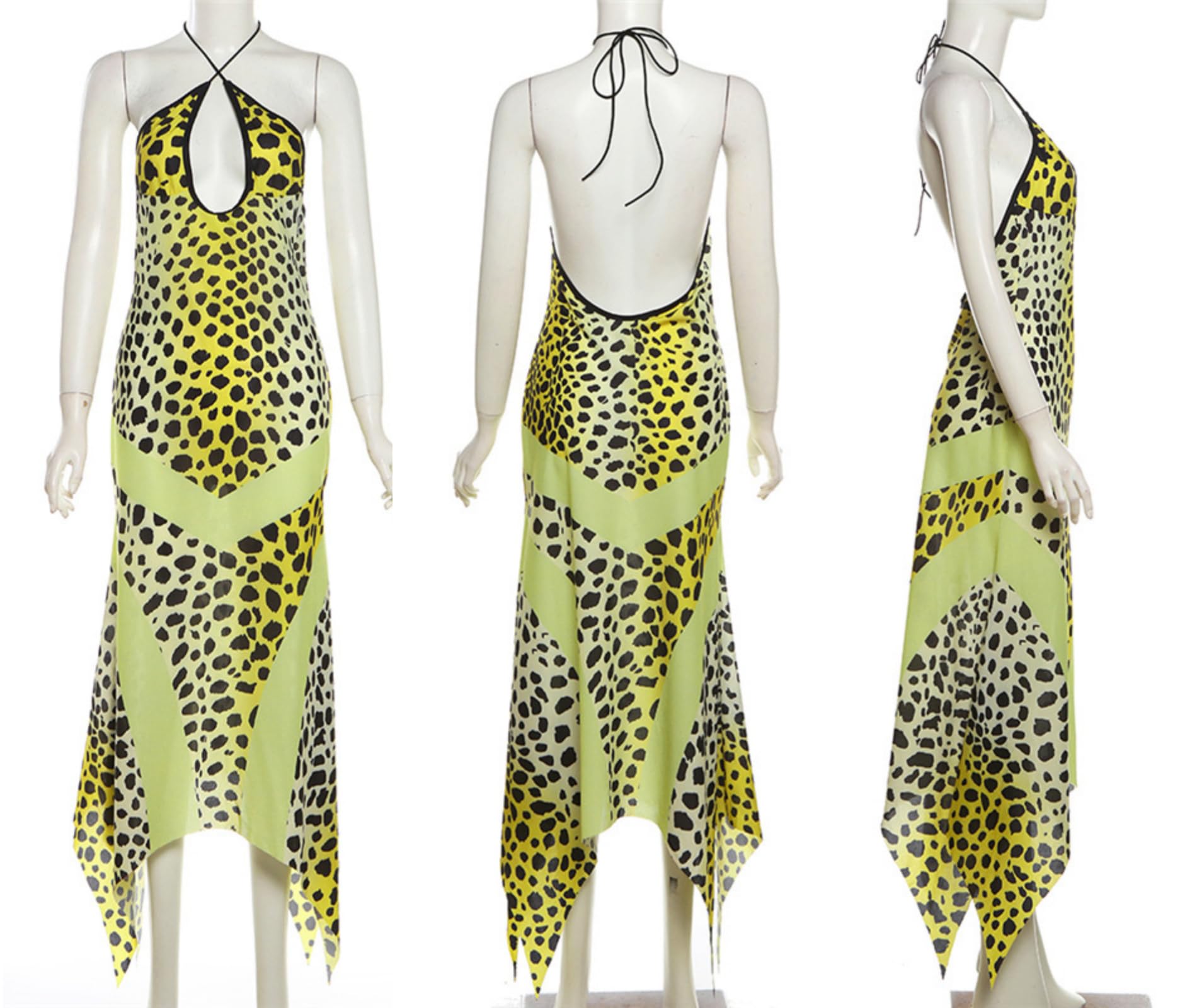 Caviotess Women’s Sexy Halter Backless Leopard Print Maxi Dress Irregular Hem
