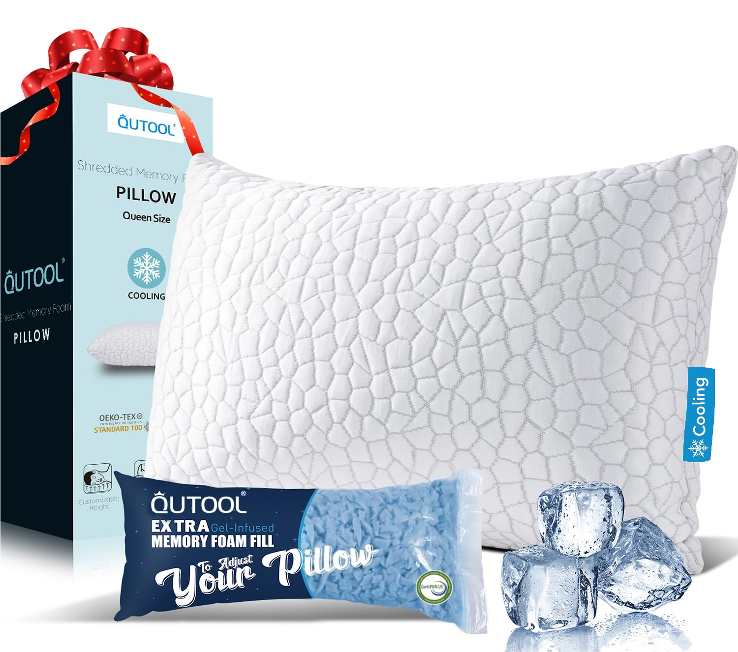 QUTOOL Cooling Memory Foam Pillow Queen Adjustable for Side Back Sleepers