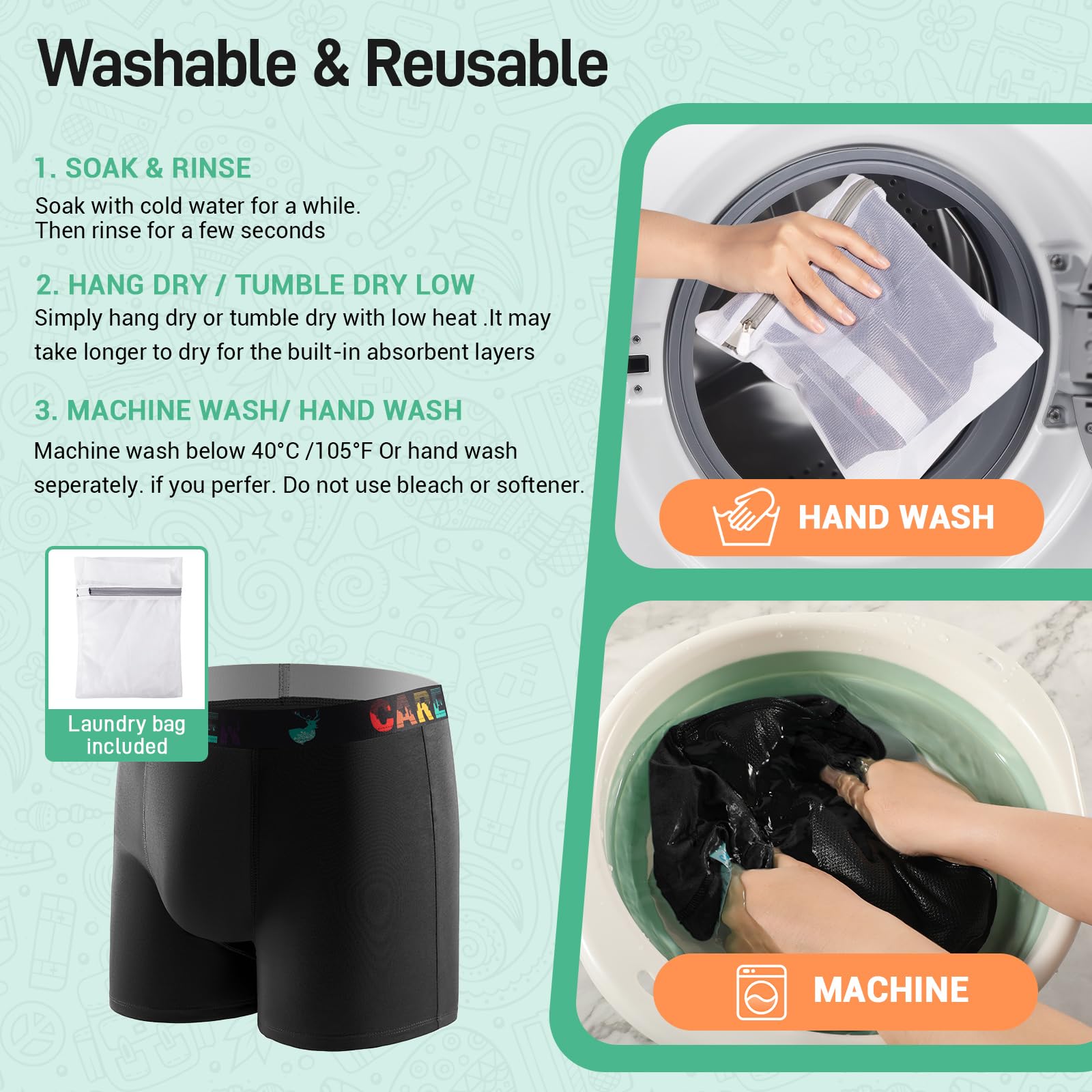 Carer 5 Pack Boys Washable Incontinence Underwear, Cotton Reusable Bedwetting