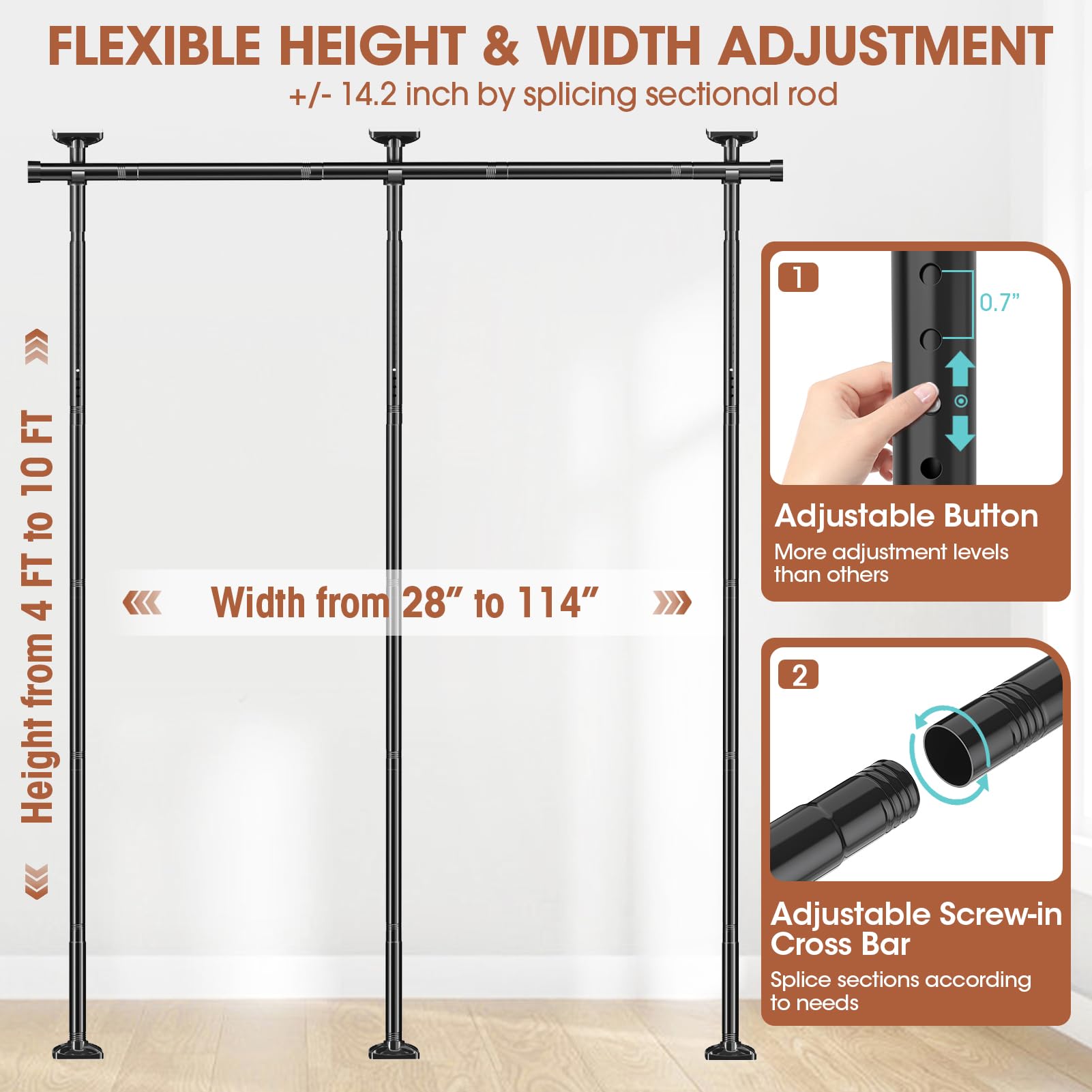 SUNALLY Room Divider Tension Curtain Rod Adjustable 4-10ft Black Heavy Duty