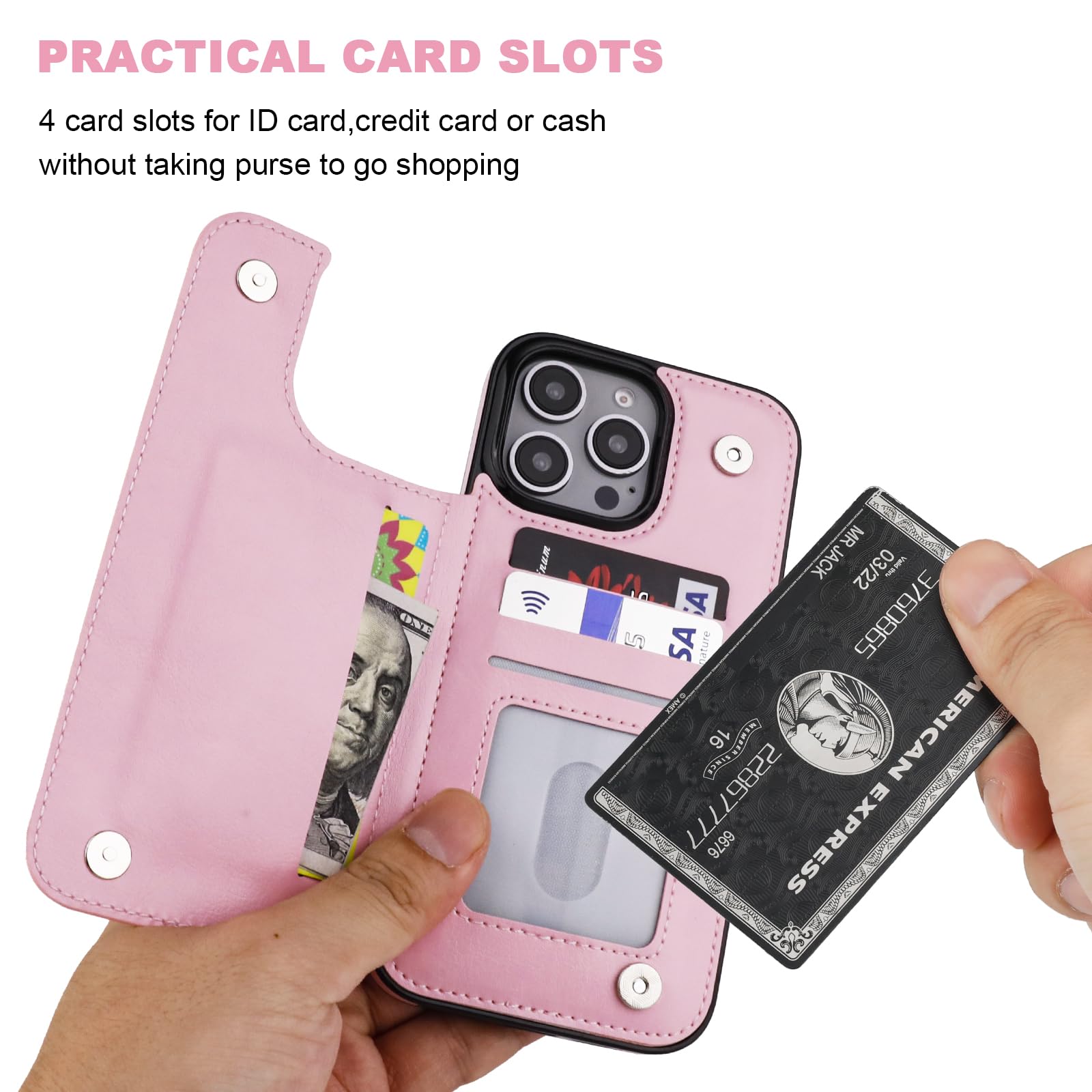 ONETOP Compatible with iPhone 16 Pro Max Wallet Case with Card Holder, PU Leather Kickstand Card Slots Case, Double Magnetic Clasp and Durable Shockproof Cover 6.9 Inch (Pink)