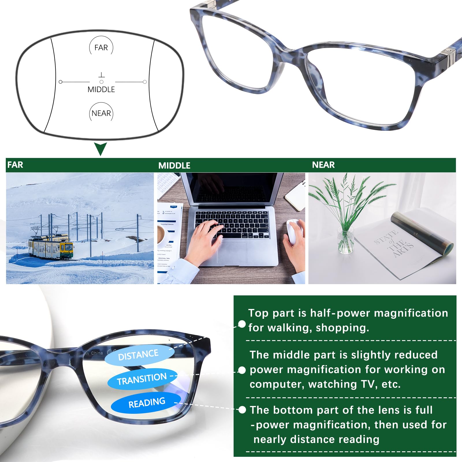 STASTEND 4 Pack Progressive Multifocus Reading Glasses for Women Men Spring