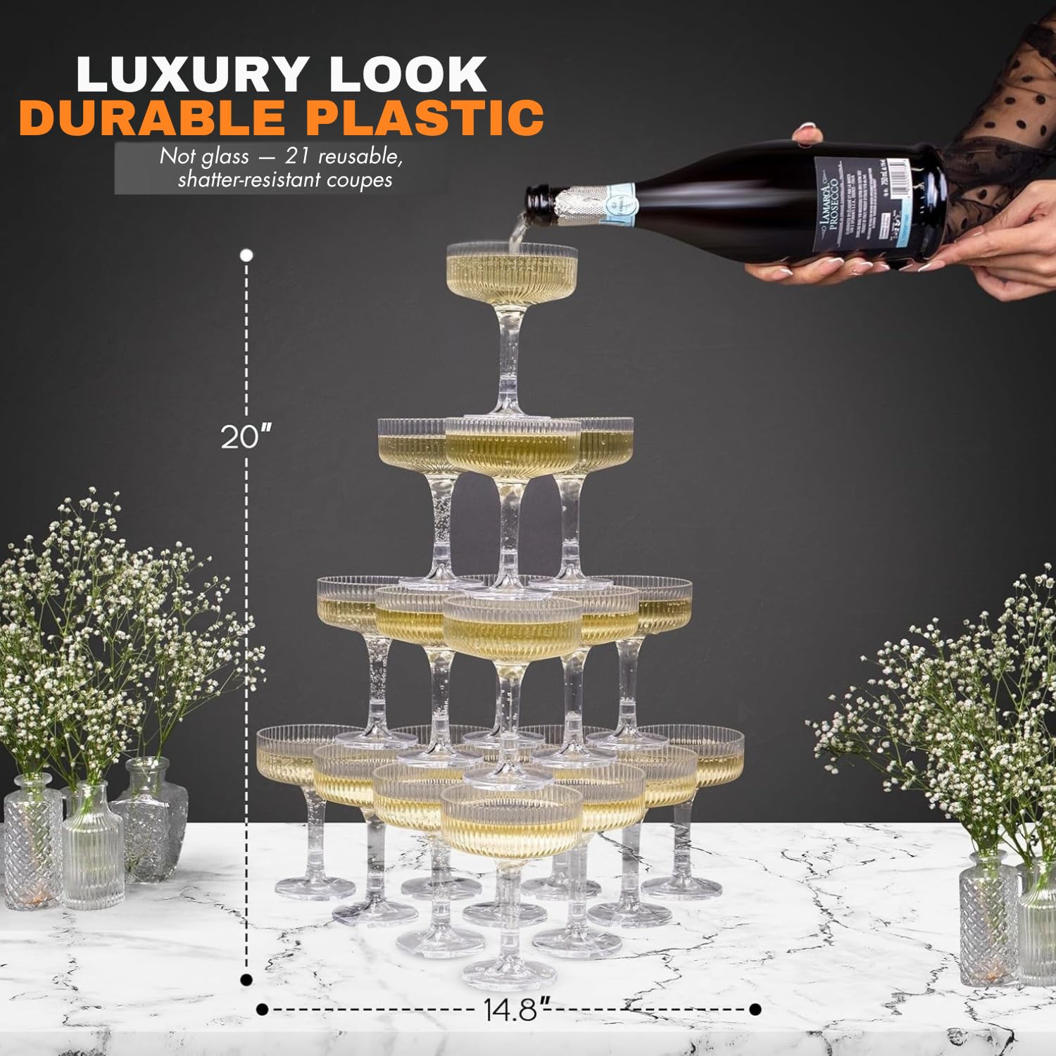 Champagne Tower 21 Piece Plastic Coupe Glasses 7oz Wedding Party Hosting Clear