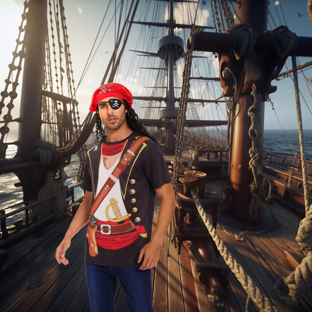 Vegove Novelty Men's Pirate Costume T-Shirts Set, 3D Caribbean Cruise Night