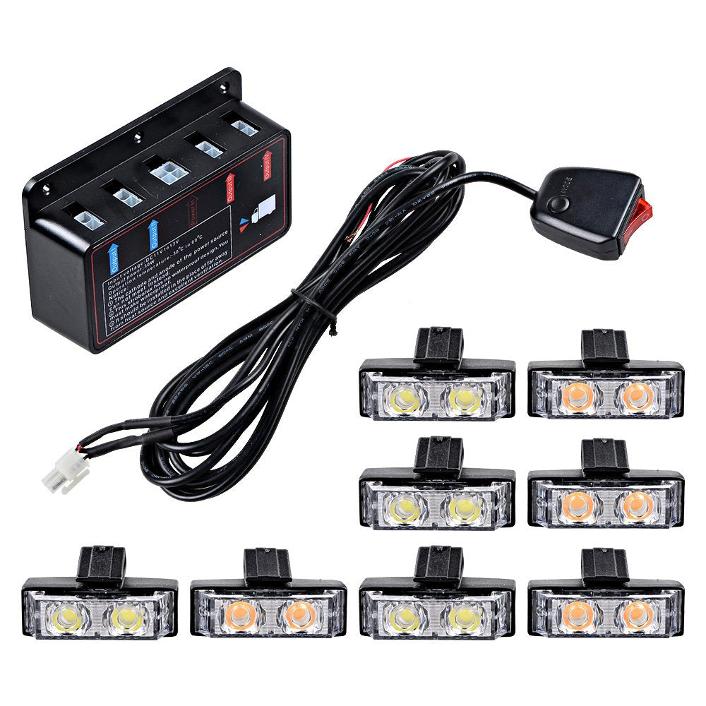 NAAMOTOMOX 2-LED Emergency Warning Grille Flash Strobe Lights Bar with Clips + Control Box Kit (Amber White, 8 pcs)