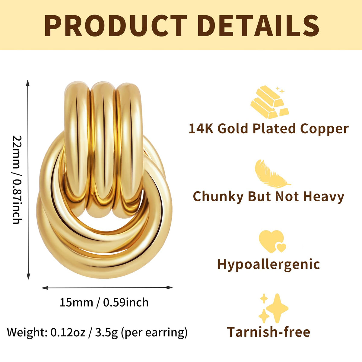 LWALMS Chunky Gold Earrings for Women - Double Knots 14K Real Gold Plated