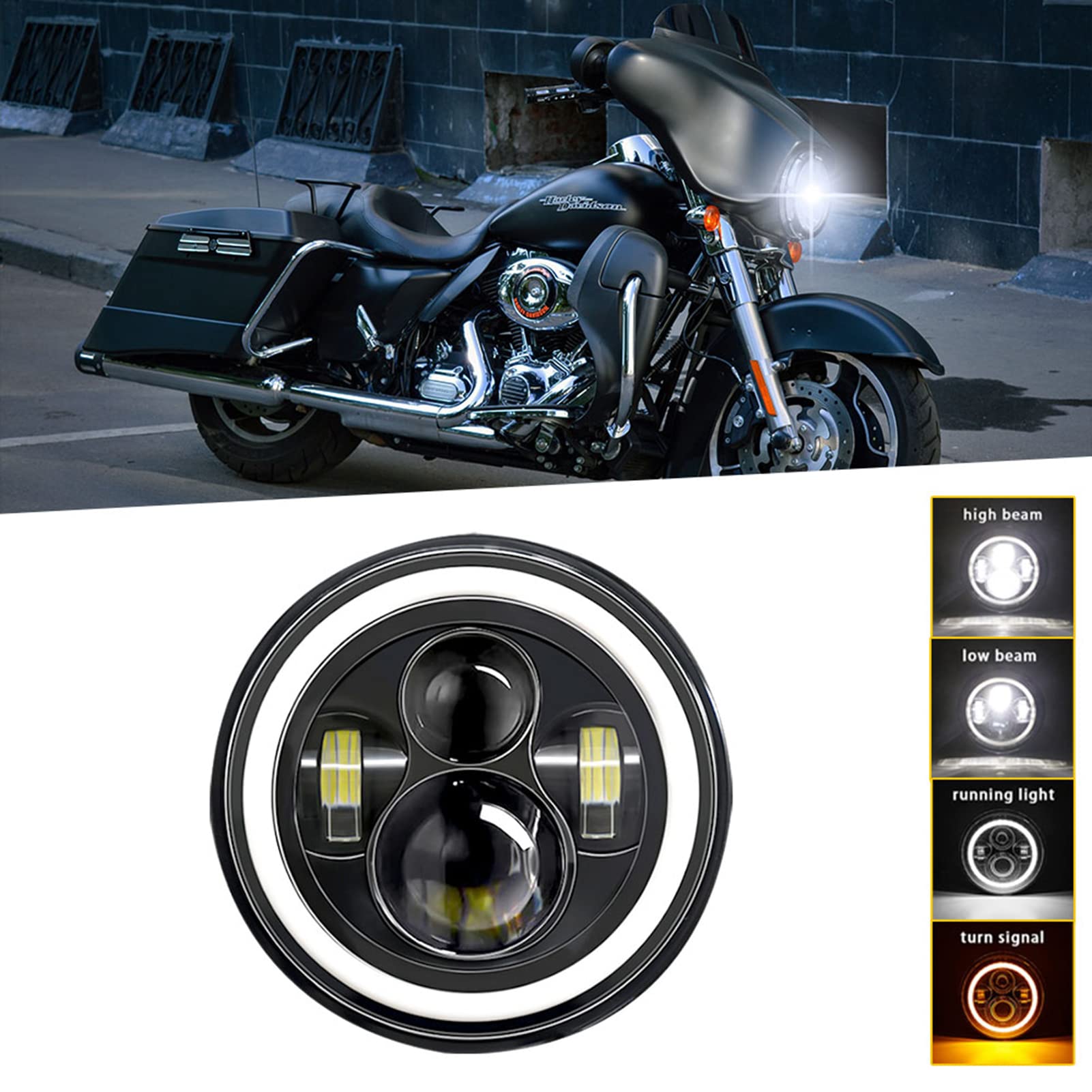 Shkalacar 7inch LED Headlight H4 140W Angel Eyes Round Headlights 4 Modes