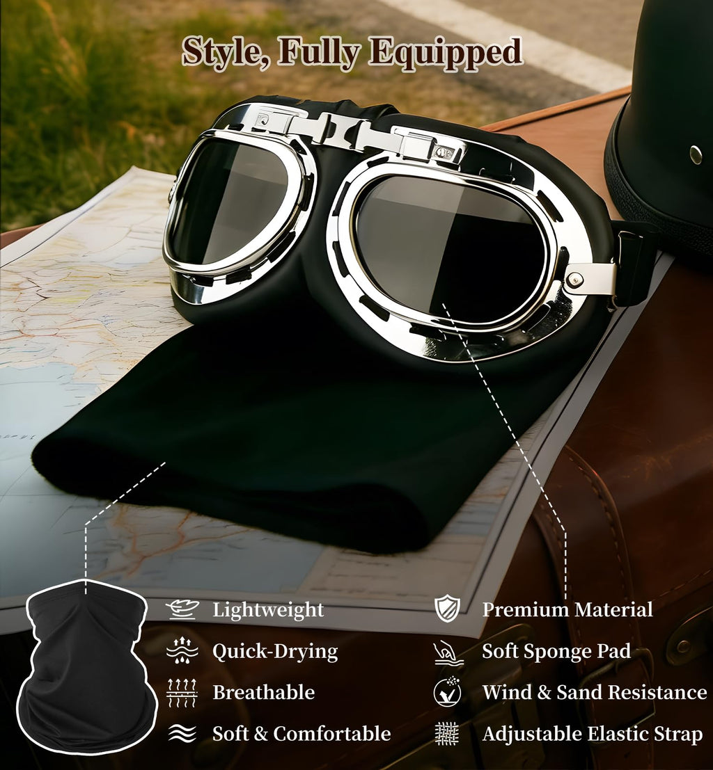 Yesmotor Motorcycle Helmet German Style Half Helmet DOT Approved with Goggles