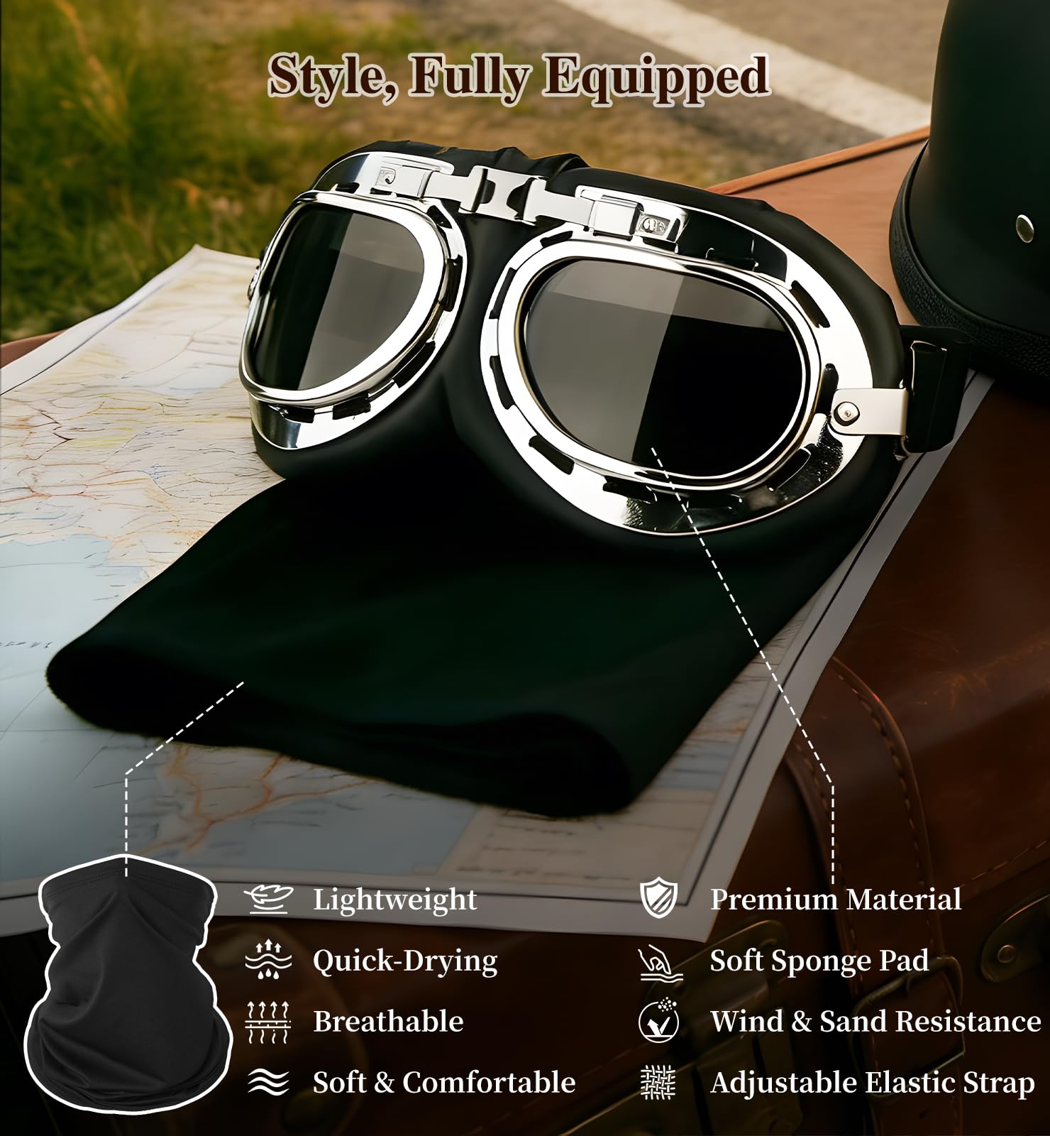 Yesmotor Motorcycle Helmet German Style Half Helmet DOT Approved with Goggles